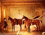 Groom Canvas Paintings - Sir John Thorold's Bay Hunters With Their Groom In A Stable